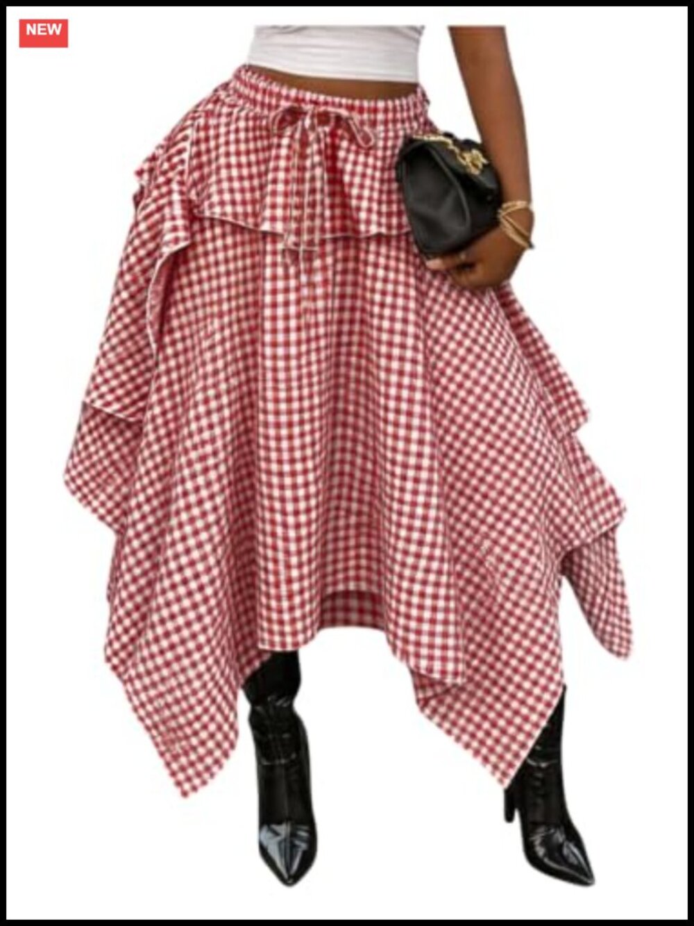 Womens Plaid Gingham Midi Skirt Asymmetrical Ruffle Tiered A-Line